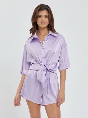 RIVIR Satin Blouse & Shorts Set – Lavender